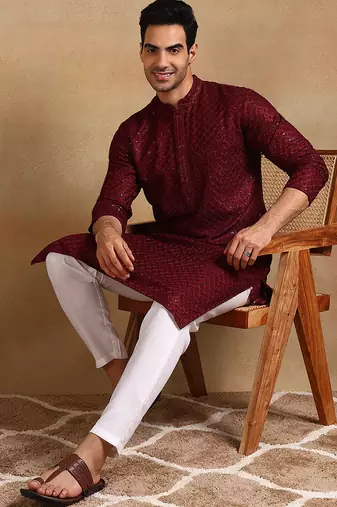 Men wine viscose rayon solid embroidered straight kurta