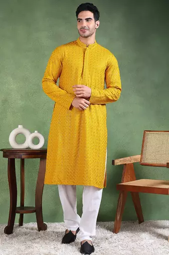 Men mustard viscose rayon solid embroidered straight kurta