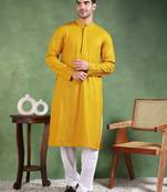 Men mustard viscose rayon solid embroidered straight kurta