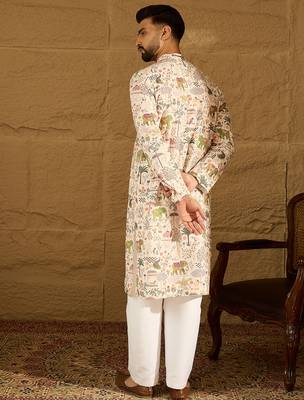Men cream viscose rayon ethnic motifs printed straight kurta with trouser 4