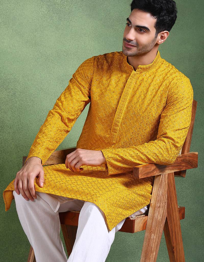 Men mustard viscose rayon solid embroidered straight kurta