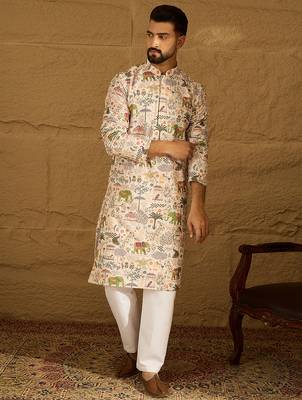 Men cream viscose rayon ethnic motifs printed straight kurta with trouser 5
