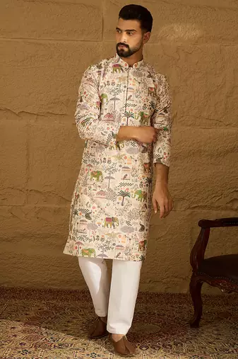Men cream viscose rayon ethnic motifs printed straight kurta with trouser