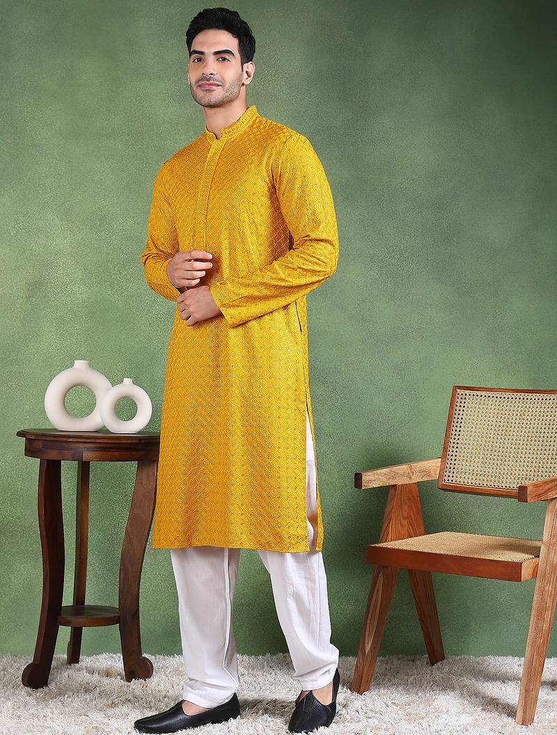 Men mustard viscose rayon solid embroidered straight kurta
