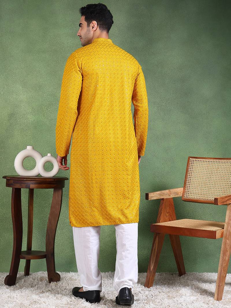 Men mustard viscose rayon solid embroidered straight kurta