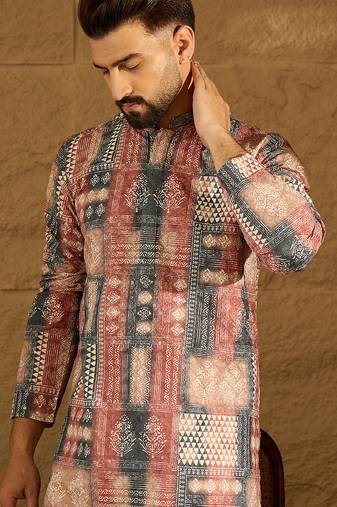 Men brown viscose rayon ethnic motifs printed straight kurta with trouser