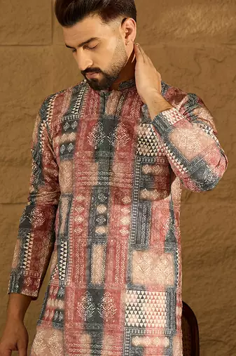 Men brown viscose rayon ethnic motifs printed straight kurta with trouser
