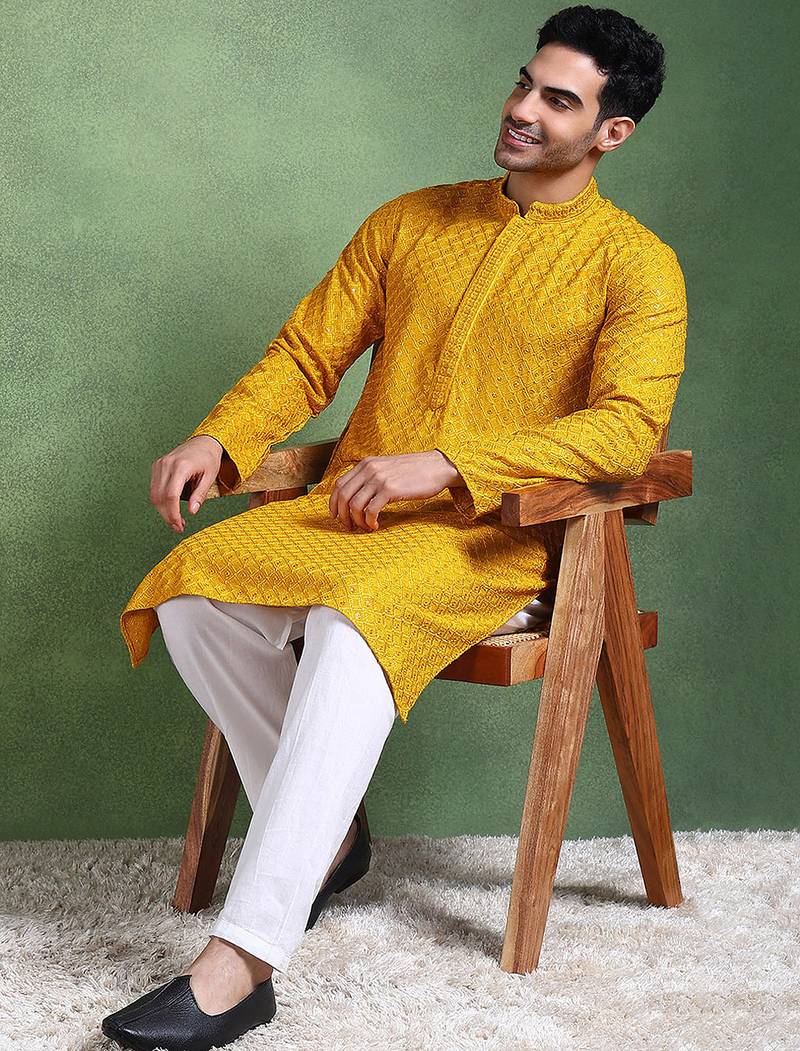 Men mustard viscose rayon solid embroidered straight kurta