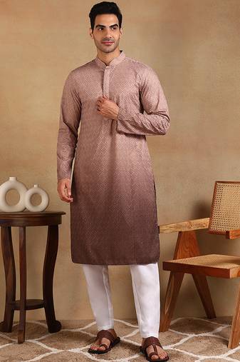 Men brown viscose rayon dyed embroidered straight kurta