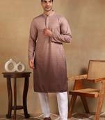 Men brown viscose rayon dyed embroidered straight kurta