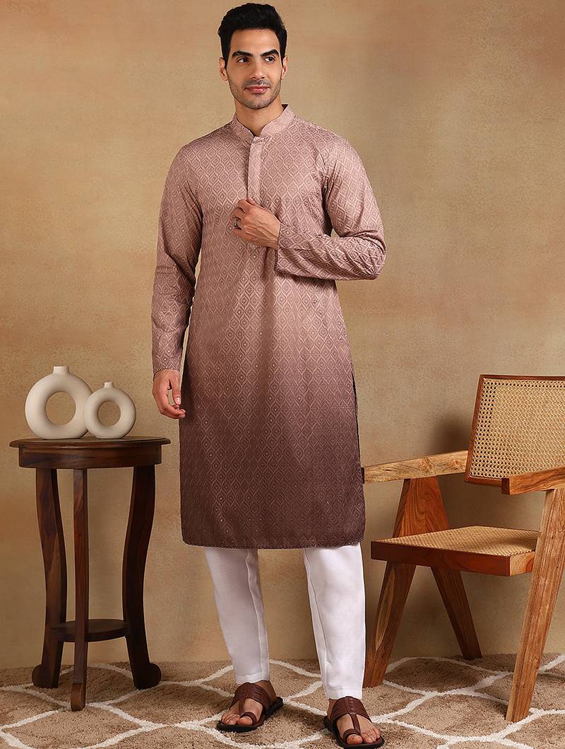 Men brown viscose rayon dyed embroidered straight kurta