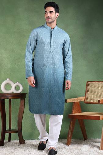Men green viscose rayon solid embroidered straight kurta