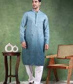 Men green viscose rayon solid embroidered straight kurta