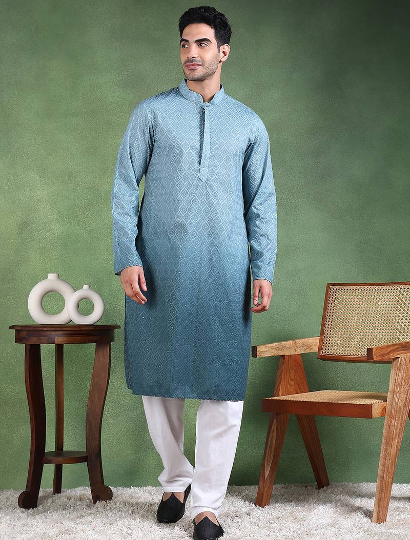 Men green viscose rayon solid embroidered straight kurta