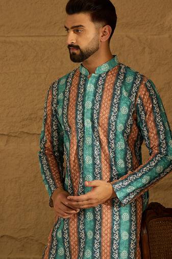 Men blue viscose rayon ethnic motifs printed straight kurta with trouser