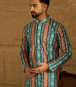 Men blue viscose rayon ethnic motifs printed straight kurta with trouser