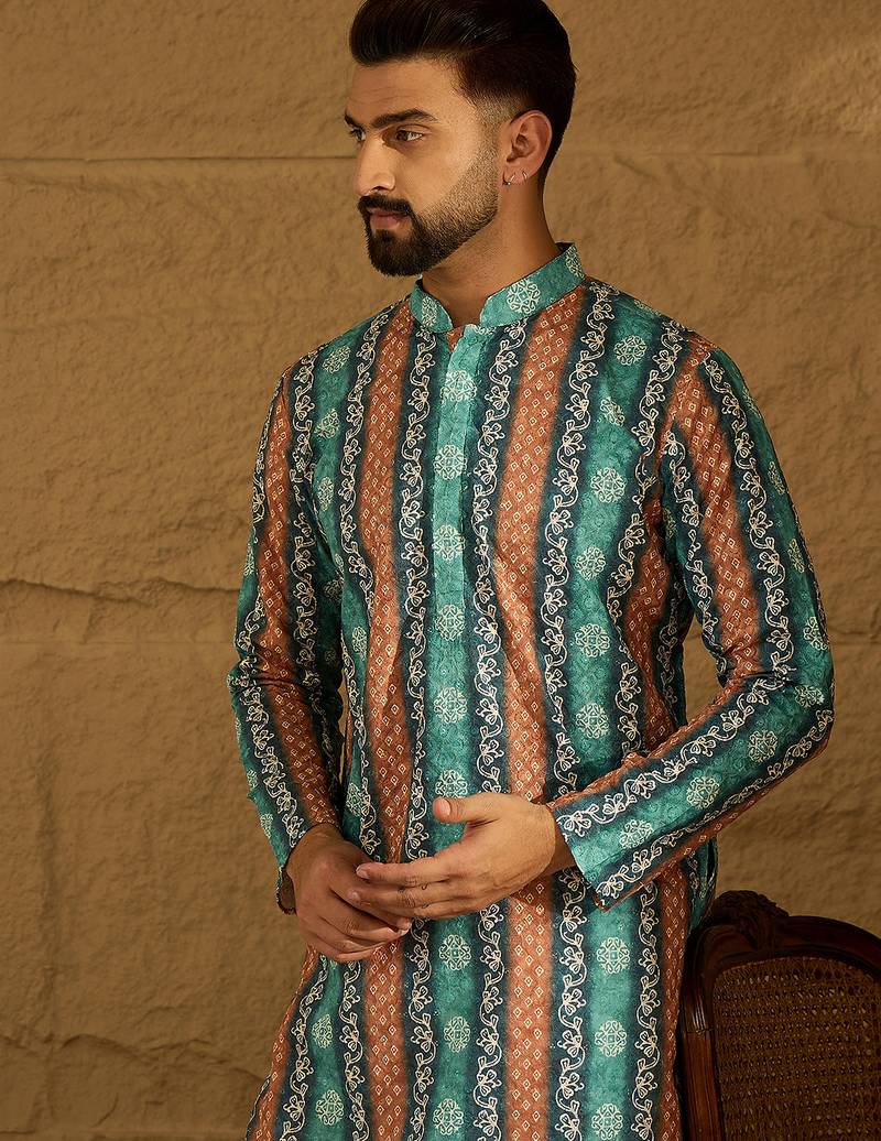 Men blue viscose rayon ethnic motifs printed straight kurta with trouser