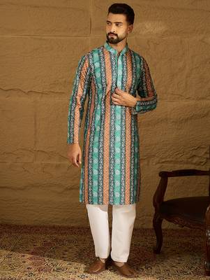 Men blue viscose rayon ethnic motifs printed straight kurta with trouser 2