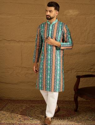 Men blue viscose rayon ethnic motifs printed straight kurta with trouser 3