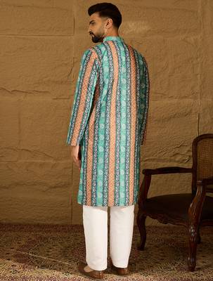 Men blue viscose rayon ethnic motifs printed straight kurta with trouser 4