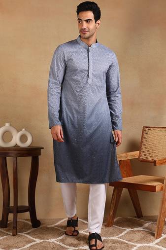 Men grey viscose rayon ethnic motifs embroidered straight kurta