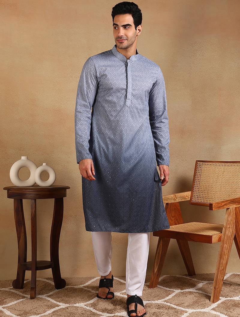 Men grey viscose rayon ethnic motifs embroidered straight kurta