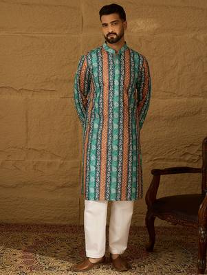 Men blue viscose rayon ethnic motifs printed straight kurta with trouser 5