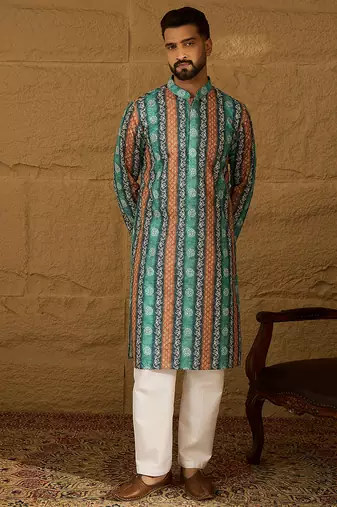 Men blue viscose rayon ethnic motifs printed straight kurta with trouser