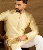 Men beige silk blend solid printed straight kurta with trouser