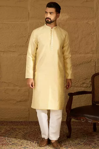 Men beige silk blend solid printed straight kurta with trouser