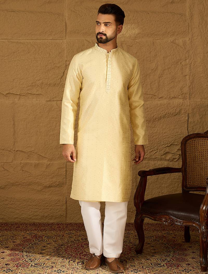 Men beige silk blend solid printed straight kurta with trouser