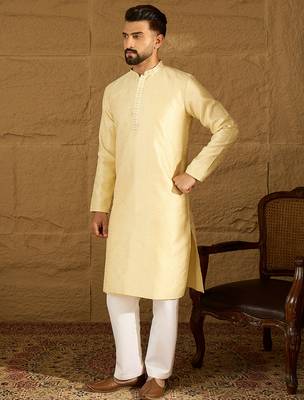 Men beige silk blend solid printed straight kurta with trouser 3