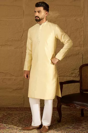 Men beige silk blend solid printed straight kurta with trouser