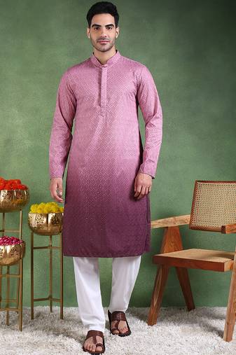 Men burgundy viscose rayon solid embroidered straight kurta