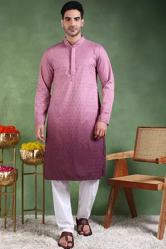 Men burgundy viscose rayon solid embroidered straight kurta
