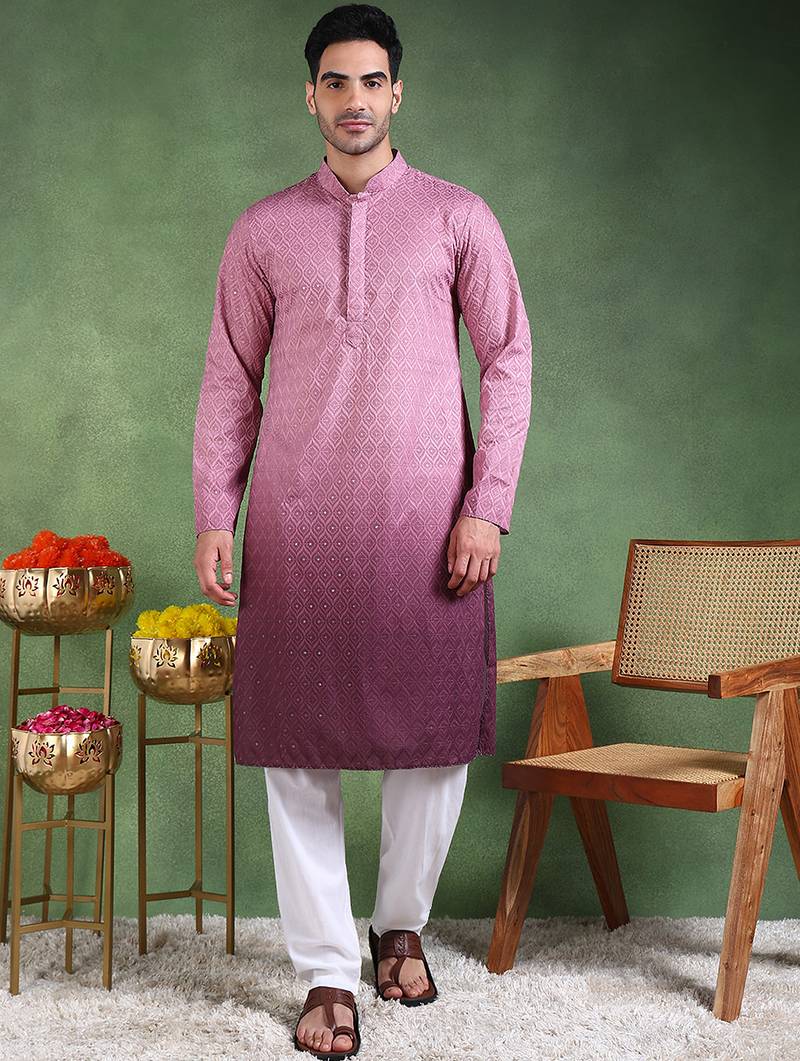 Men burgundy viscose rayon solid embroidered straight kurta