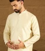 Men yellow silk blend solid printed straight kurta with trouser
