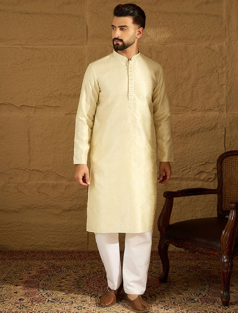 Men yellow silk blend solid printed straight kurta with trouser