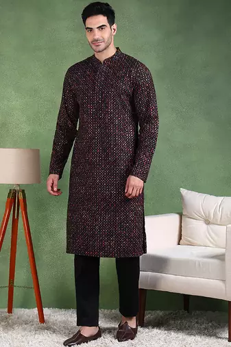 Men black viscose rayon ethnic motifs embroidered straight kurta