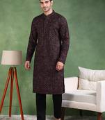 Men black viscose rayon ethnic motifs embroidered straight kurta
