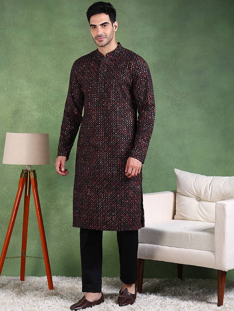Men black viscose rayon ethnic motifs embroidered straight kurta