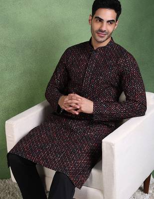 Men black viscose rayon ethnic motifs embroidered straight kurta 2