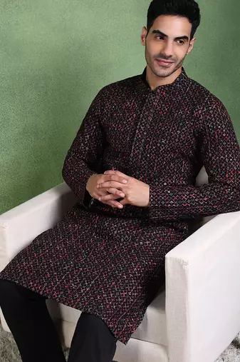 Men black viscose rayon ethnic motifs embroidered straight kurta