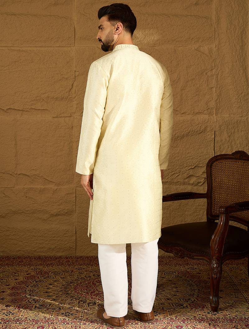 Men yellow silk blend solid printed straight kurta with trouser