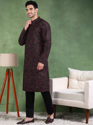 Men black viscose rayon ethnic motifs embroidered straight kurta 3