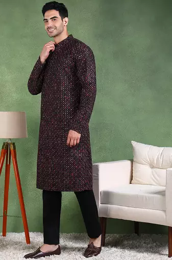 Men black viscose rayon ethnic motifs embroidered straight kurta