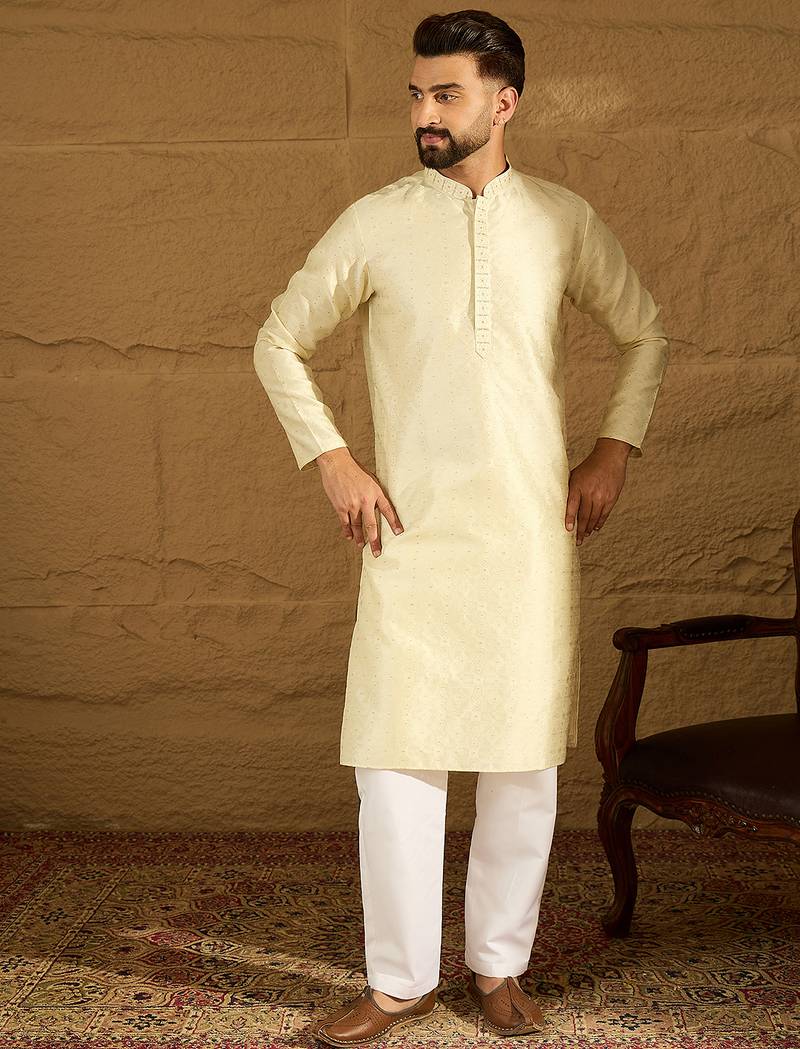Men yellow silk blend solid printed straight kurta with trouser