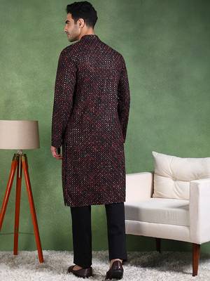 Men black viscose rayon ethnic motifs embroidered straight kurta 4