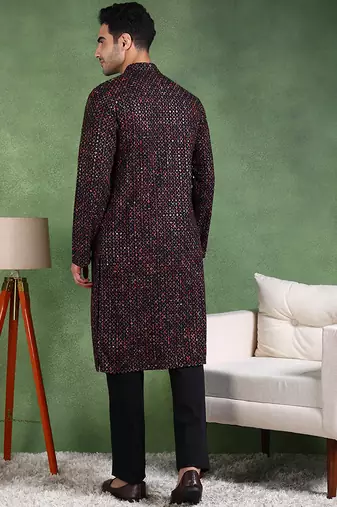 Men black viscose rayon ethnic motifs embroidered straight kurta