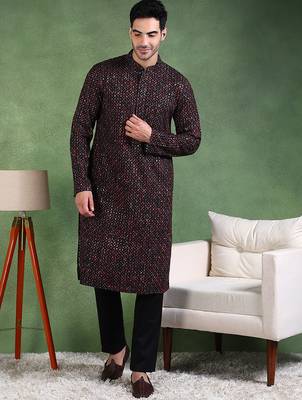 Men black viscose rayon ethnic motifs embroidered straight kurta 5